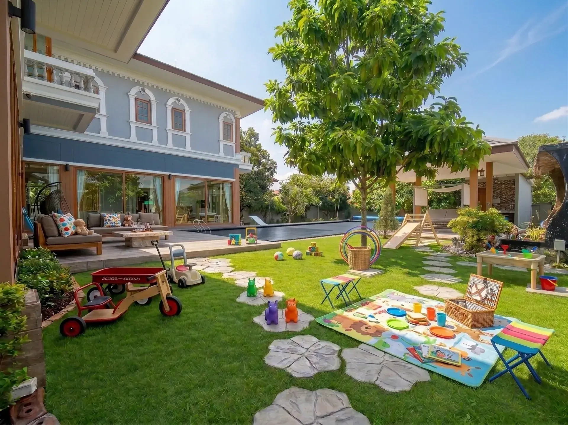 Illustration of preschool children gardening and reading outdoors