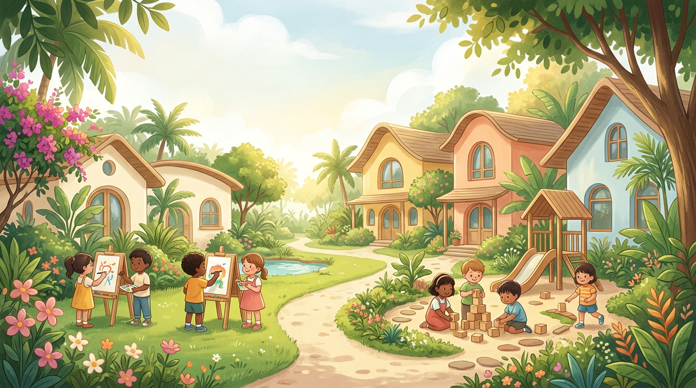 Illustrated Honeybees preschool campus with children learning and playing outdoors